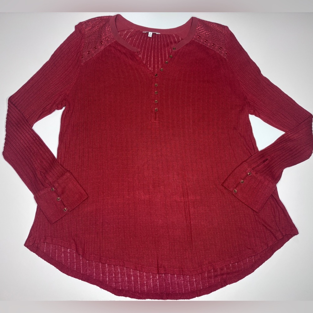 Lucky Brand Red Ribbed Henley Lace Shoulder Top Womens 2X